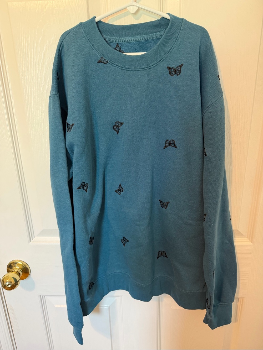 Persaya Teal Crewneck Sweater with Black Butterfly Embroidery